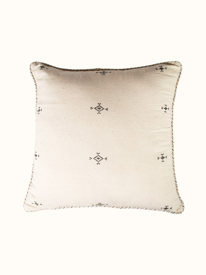 Folk geo hand embroidered bootis cushion cover with multicolor stitching, front view
