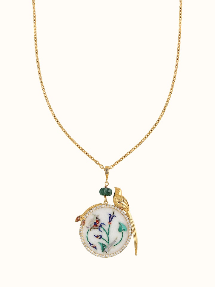 Front view of Parchinkari silver pendant with matching chain, featuring inlaid design