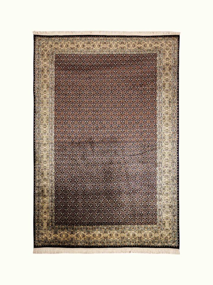 Front view of the Swadesh Traditional Persian Navy Ivory Senneh Kashmir Silk Hand-Knotted Carpet