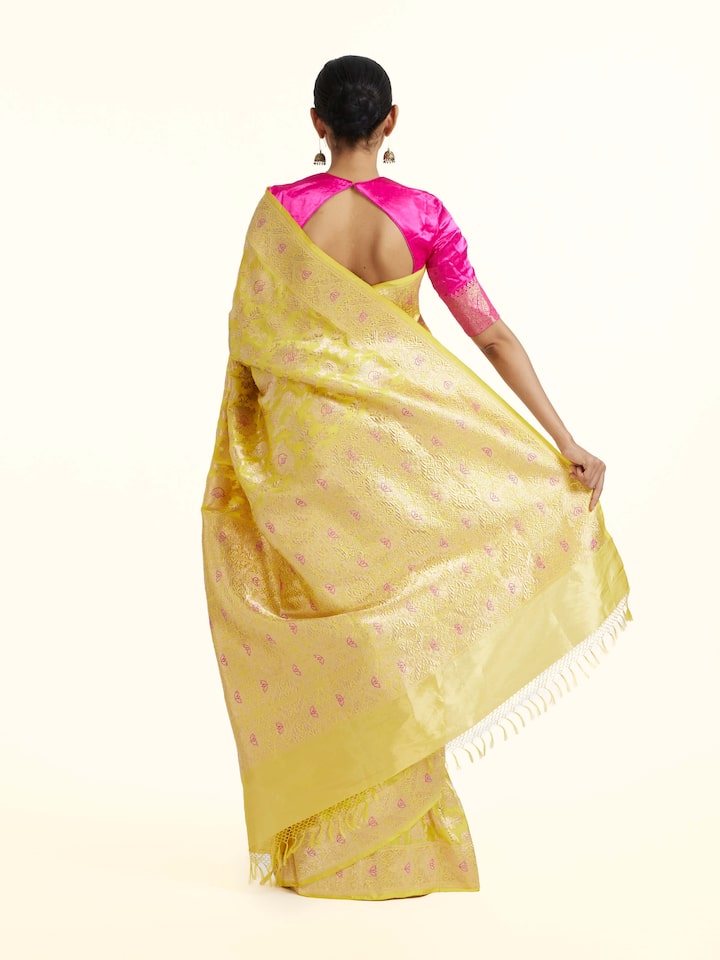 Back view of the Yellow Mulberry Katan Silk Banarasi Saree