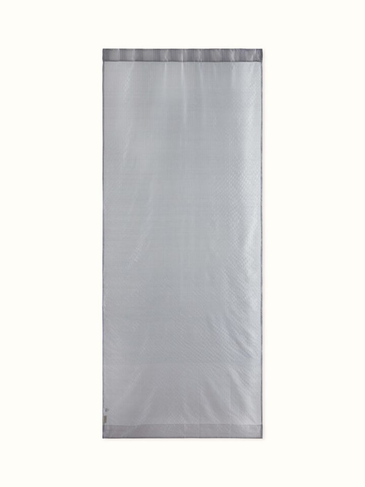 Grey Maheshwari handloom curtain with metallic stripes and sheer texture, ideal for elegant living spaces.