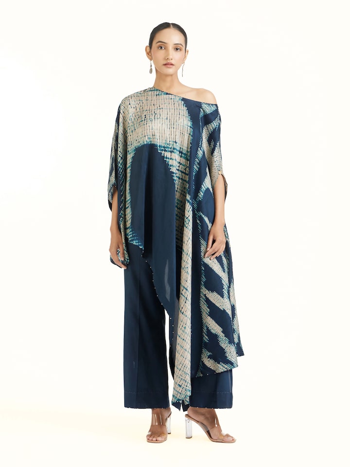 Front view of blue silk Shibori co-ord set with tie-dye pattern