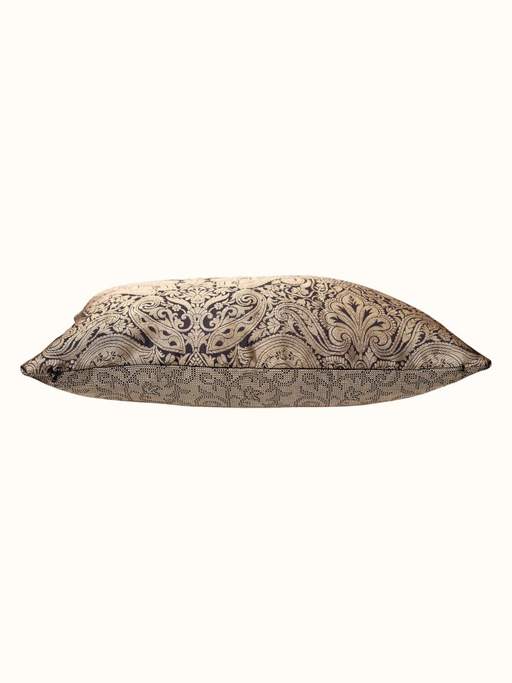 Awadh damask black Banarasi handloom silk cushion cover, angled view highlighting weave