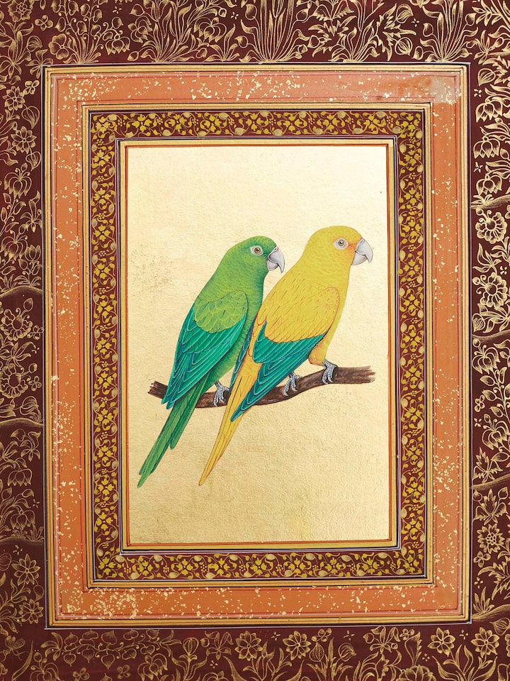 Detail view of Macaw Parrot Floral Miniature Painting highlighting the intricate linework and detail