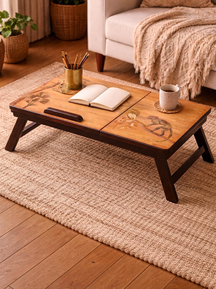 Lifestyle view of the Marquetry Teak Wood Laptop Table