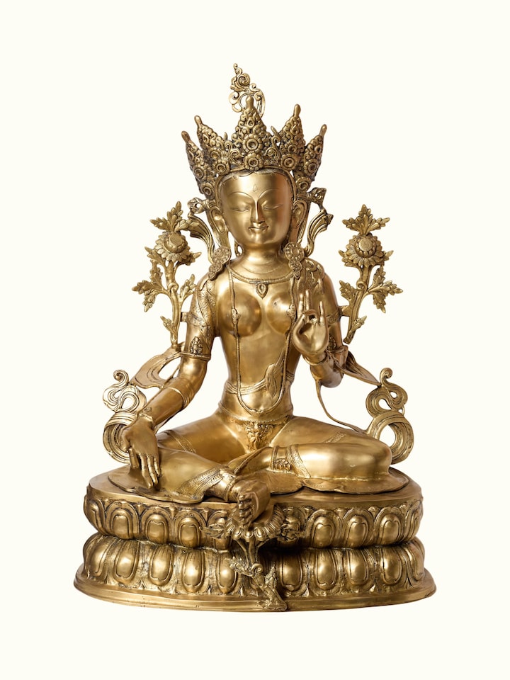 Front view of the Brass Green Tara Sitting Idol