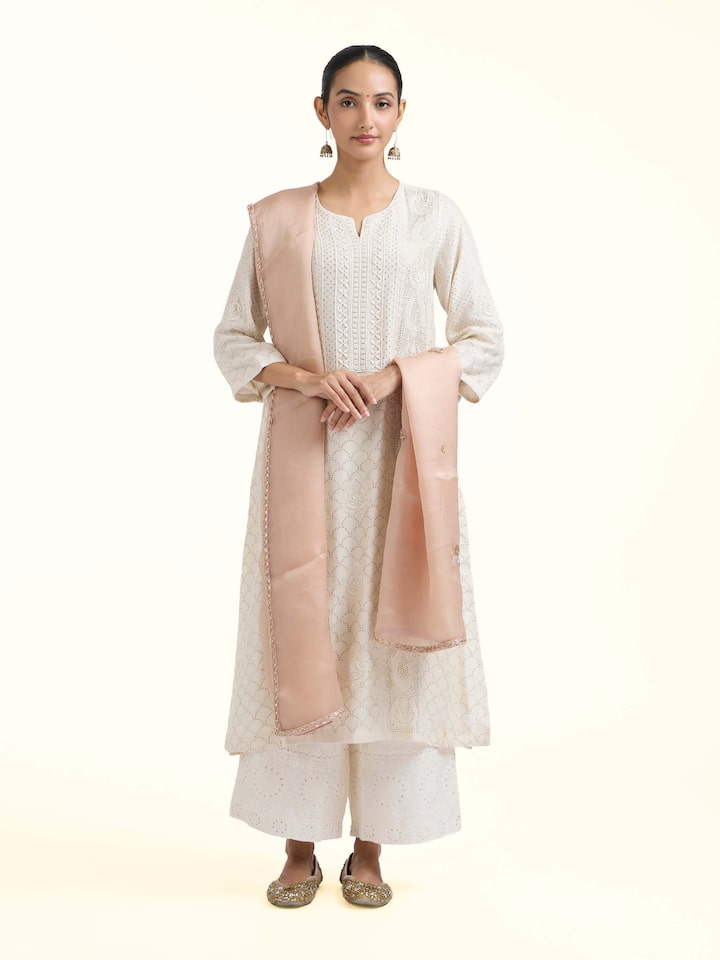 Front view of Beige Zardozi Hand Embroidered Dupatta showcasing its traditional craftsmanship and design