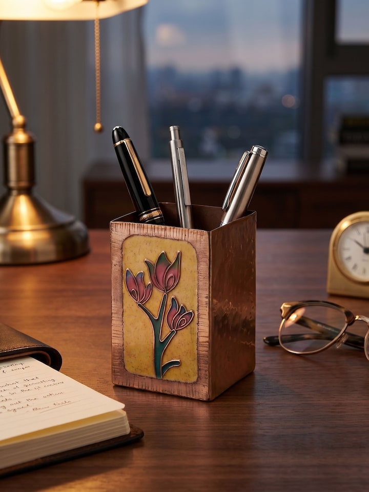 Side view of the Copper Flower Square Pen Holder Yellow