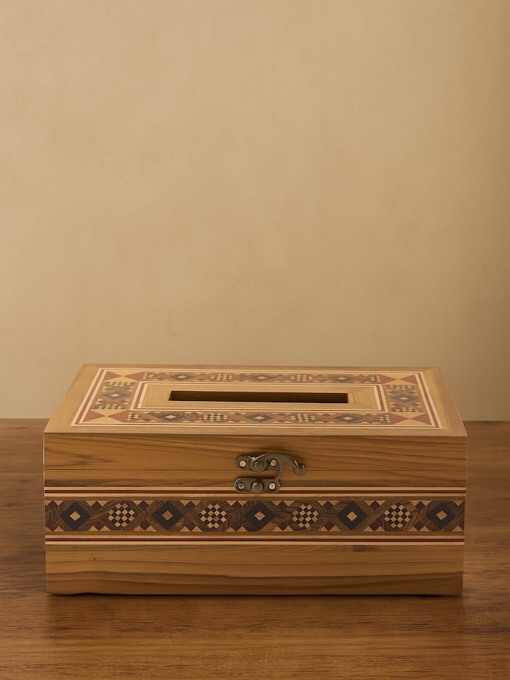 Styled view of Natural Marquetry Rosewood Tissue Box styled in a home setting