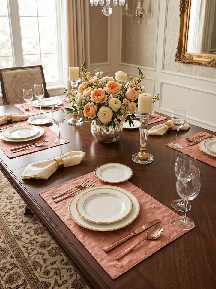 Lifestyle view of the Swadesh Mandana Peach Trellis Silk Banarasi Brocade Handloom Table Mats (6pcs)