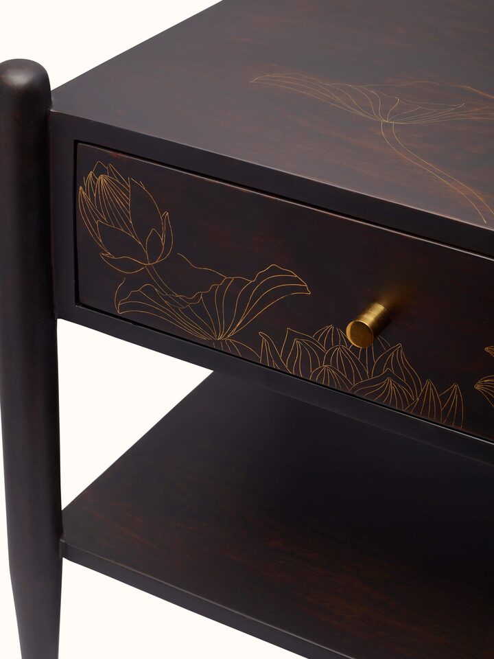Close-up of Sheesham Wood & Brass Tarkashi Bedside Table showing brass inlay patterns
