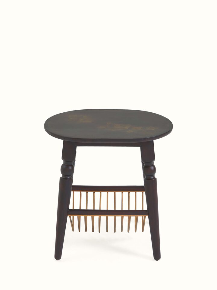 Front view of Swadesh Sheesham Wood & Brass Tarkashi Magazine Rack with Metal Shelf featuring fine wood craftsmanship and elegant brass detailing