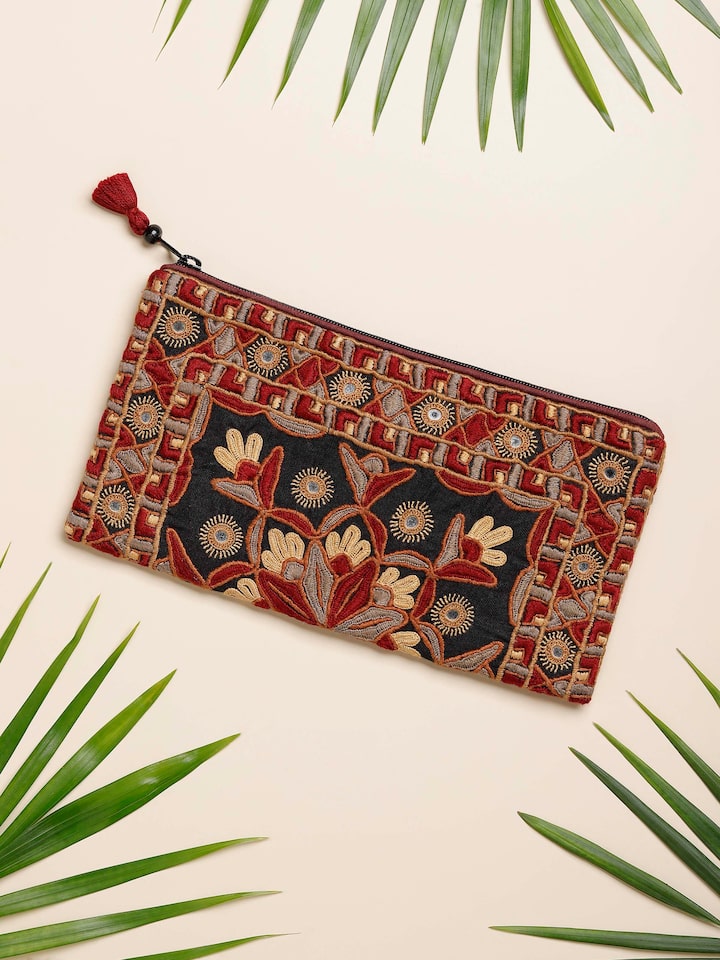 Side view of Kutchi Embroidered Clutch Bag highlighting the detailed design and fabric quality