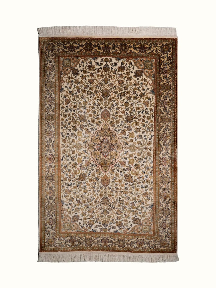 Front view of Traditional Persian Ivory Kashan Kashmir Silk Hand-Knotted Carpet showing the full rug and pattern layout