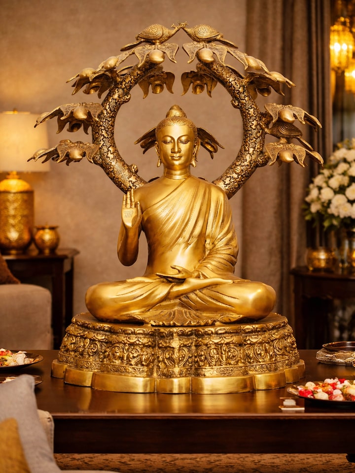 Left-side view of the Brass Bodhi Buddha Sitting Idol