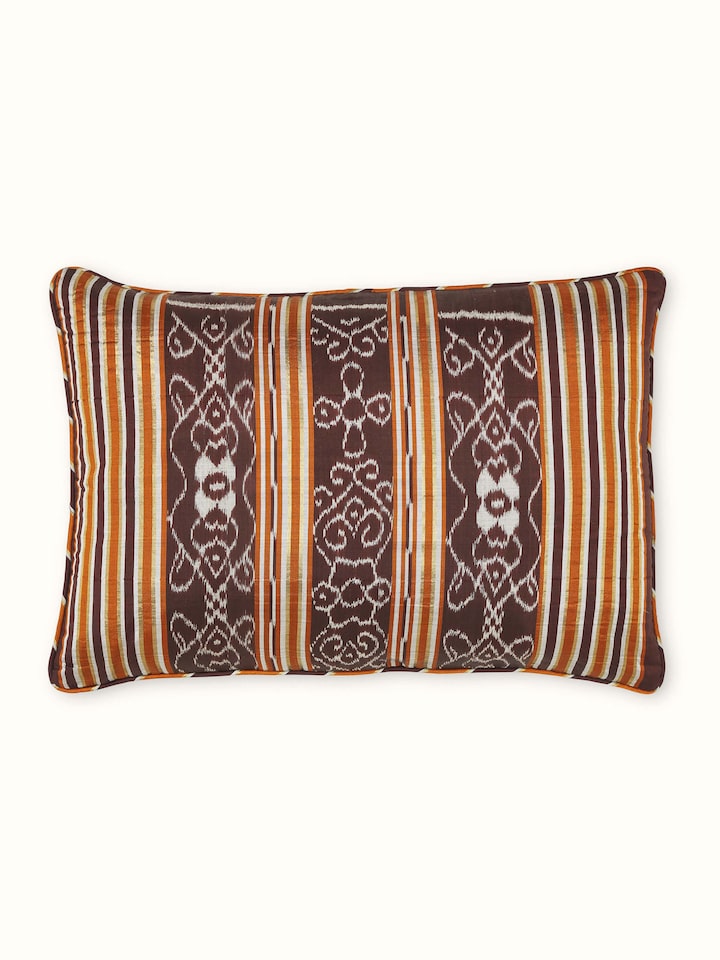 Sanchaya Coffee Stripe Silk Odisha Handloom Ikat Lumbar Cushion Cover