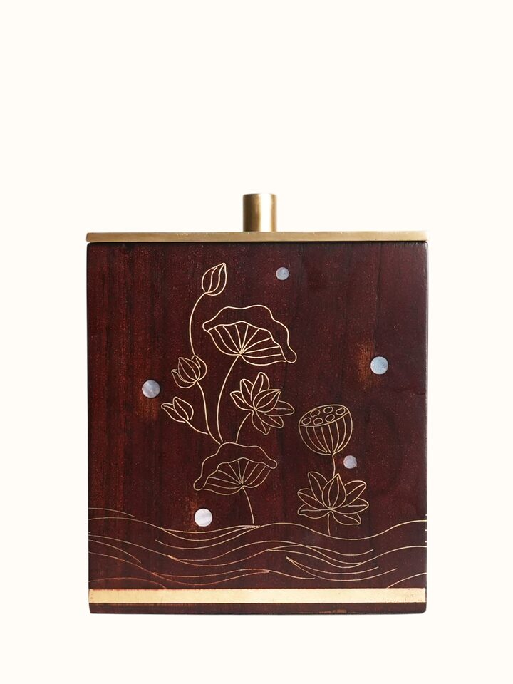 Front view of the Kamal Tarkashi Teak Wood Cotton Jar