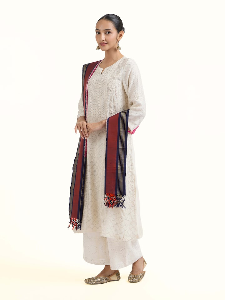 Side view of pink and blue silk ikat zari dupatta showcasing fluid fall