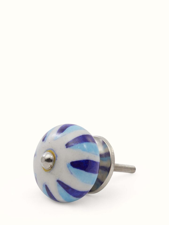 Angled view of Blue Pottery Round Rib Door Knob Set