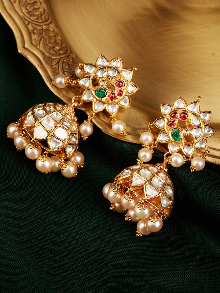 Hyderabad Jadau 22 Karat Gold Drop Earrings