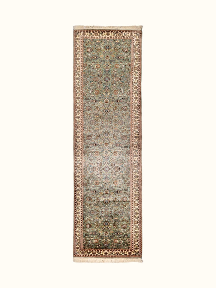 Front view of the Swadesh Traditional Persian Sage Cream All-Over Kashmir Silk Hand-Knotted Runner