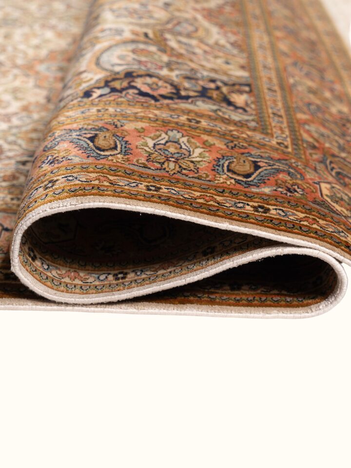 Traditional Persian Ivory Tabriz Kashmir Silk Hand-Knotted Carpet