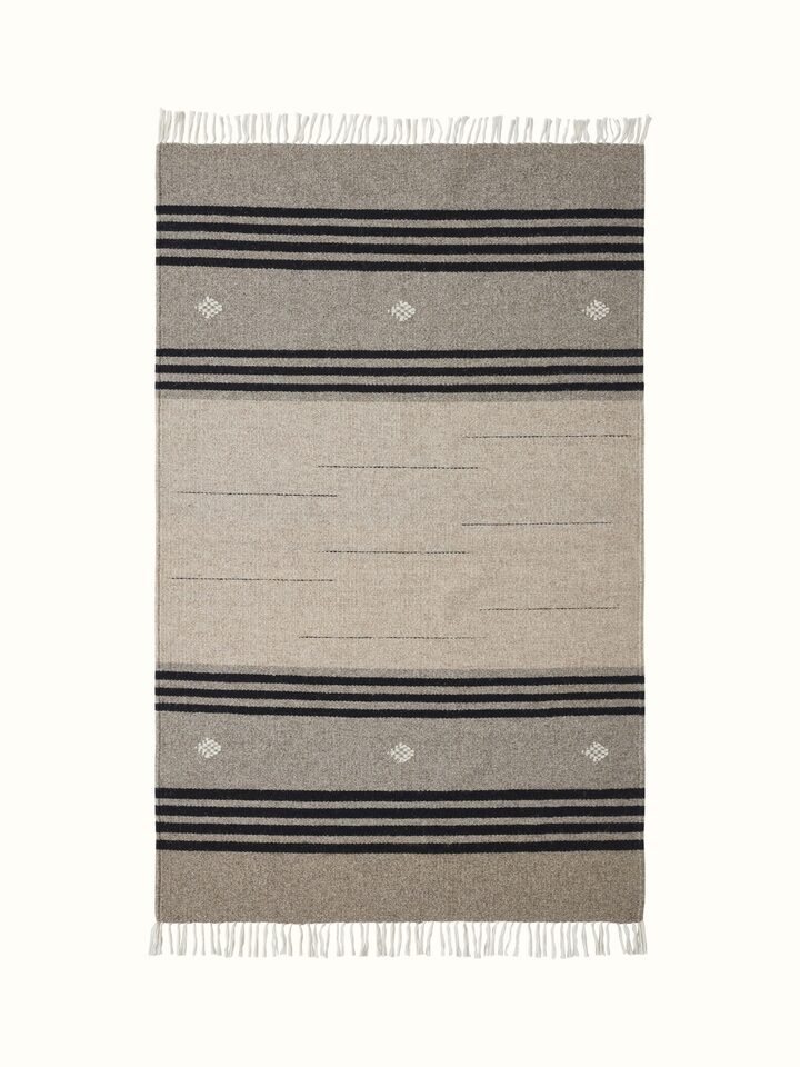Full view of Nomad stripes beige black Jawaja wool & cotton handloom dhurrie (3x5 ft) showcasing its striped pattern and size