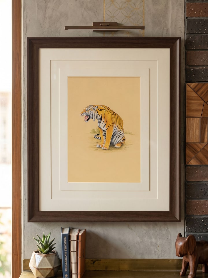 Styled view of Roaring Tiger Miniature Painting displayed against a styled backdrop