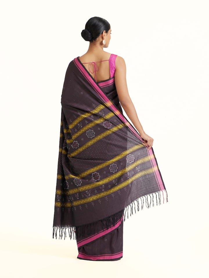 Front view of the Rustorange Tussar Silk Discharge Block Kantha Embroidered Saree