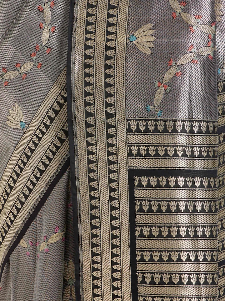 Detailed view of Black Banarasi Brocade Silk Saree focusing on the fine craftsmanship and texture