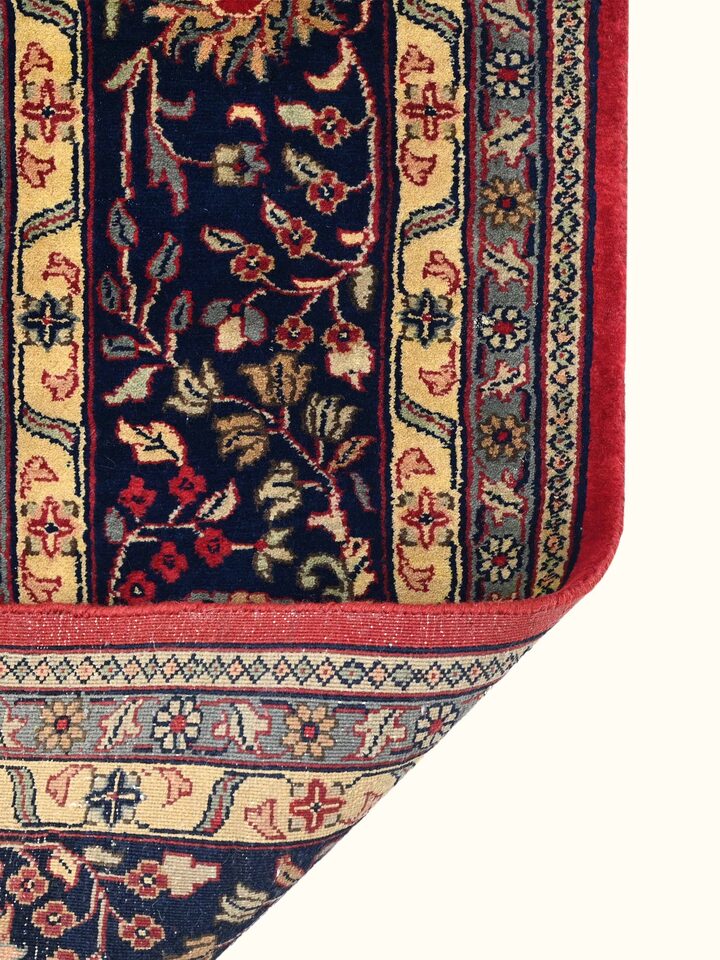 Traditional Sarouk Red Navy Bhadohi Wool Hand Knotted Rug