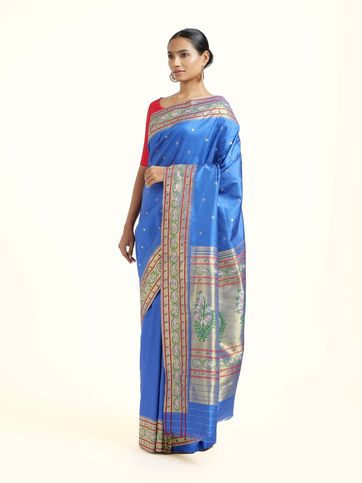 Side view of the Navy Blue Silk Paithani Zari Ashavli Pallu Saree
