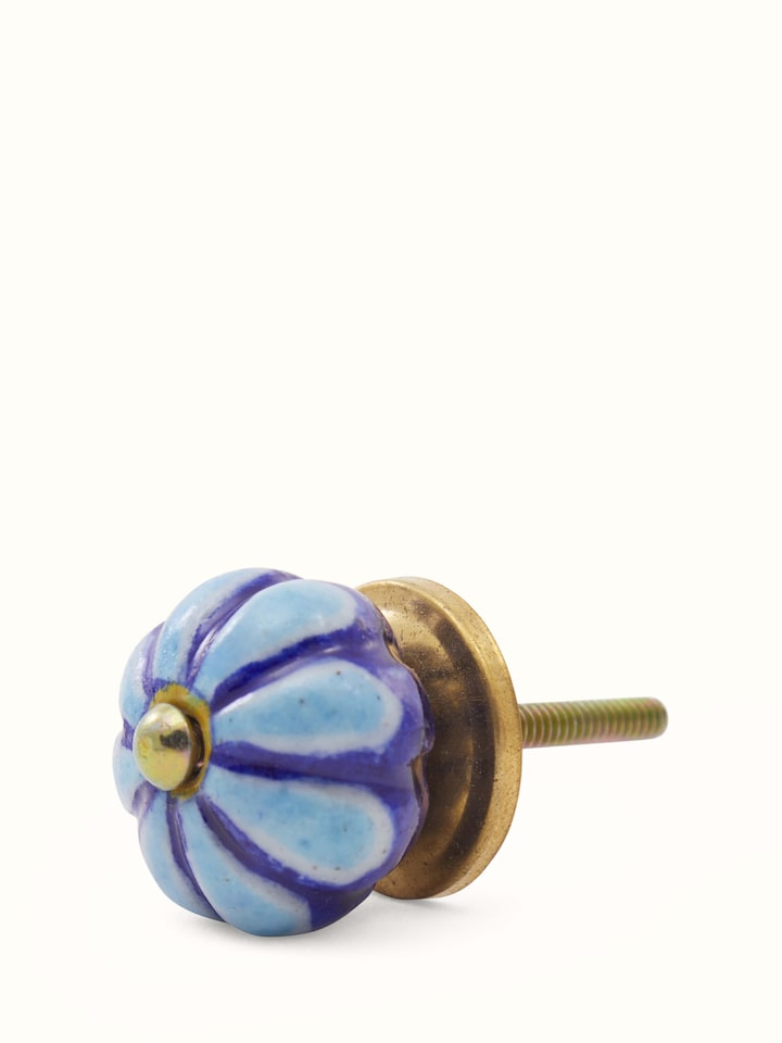 Angled view of Blue Pottery Round Rib Door Knob Set