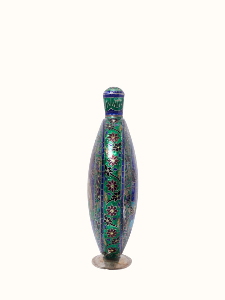 Styled view of Enamelled Silver Flask styled in a home setting, from a different angle