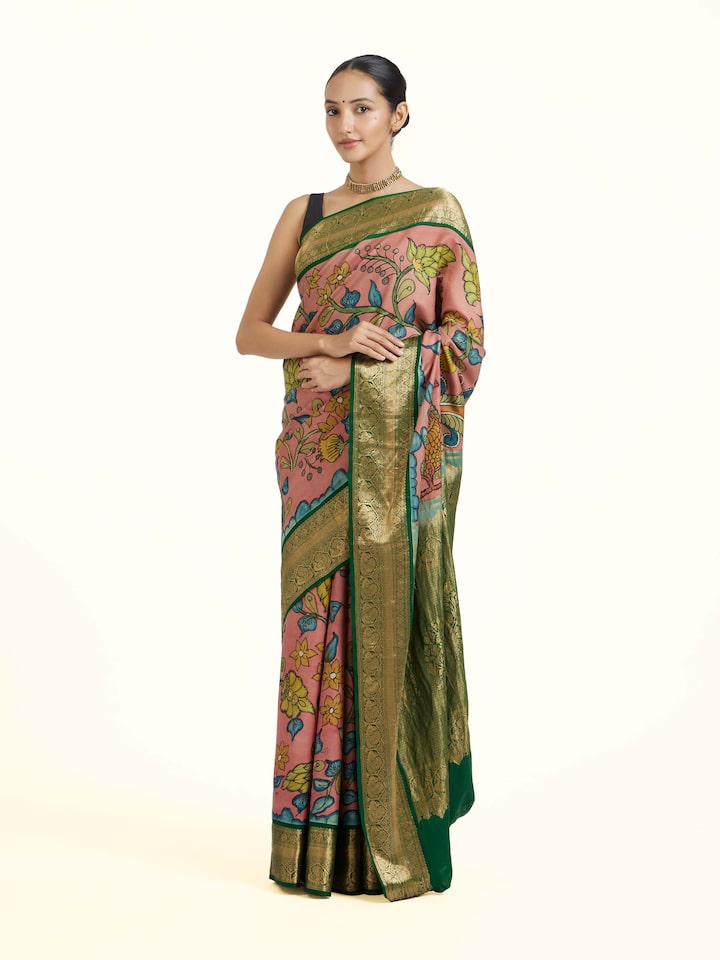 Side view of the Silk Kalamkari Painted Kanchipuram Saree