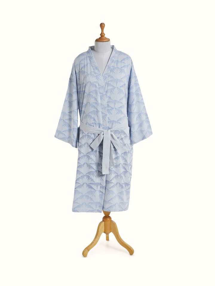 Parvat indigo ombre cotton Sanganeri block printed bathrobe, front view with tie belt