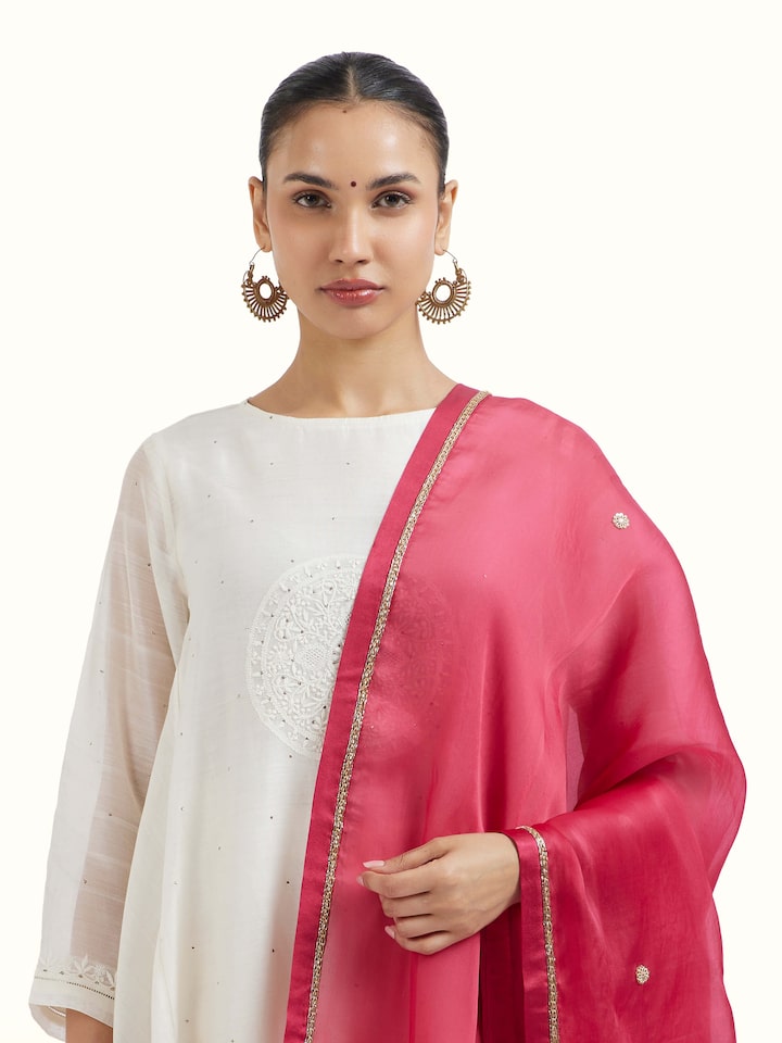 Angled view of Berry Banarasi Handloom Dupatta revealing the depth of its color and intricate pattern