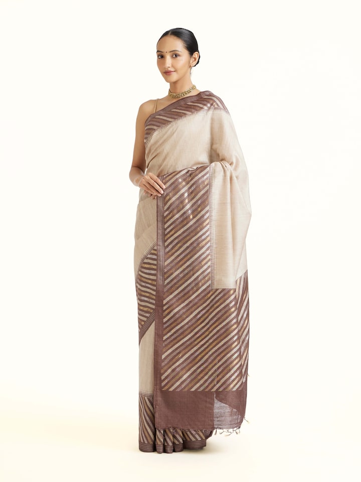 Side view of the Beige Tussar Muga Silk Saree