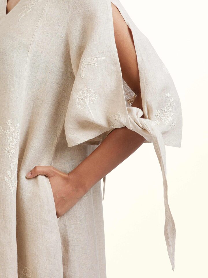 Front view of Natural Linen Chikankari Dress showing the front silhouette and design, from a different angle