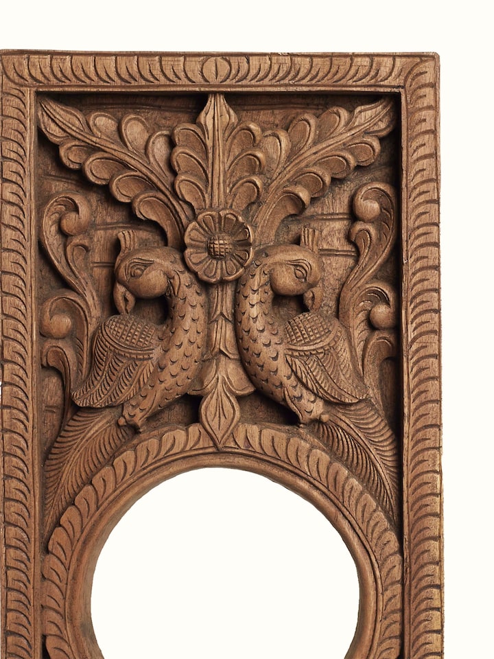 Intricate detail of the Wood Carved Mirror Panel Sculpture