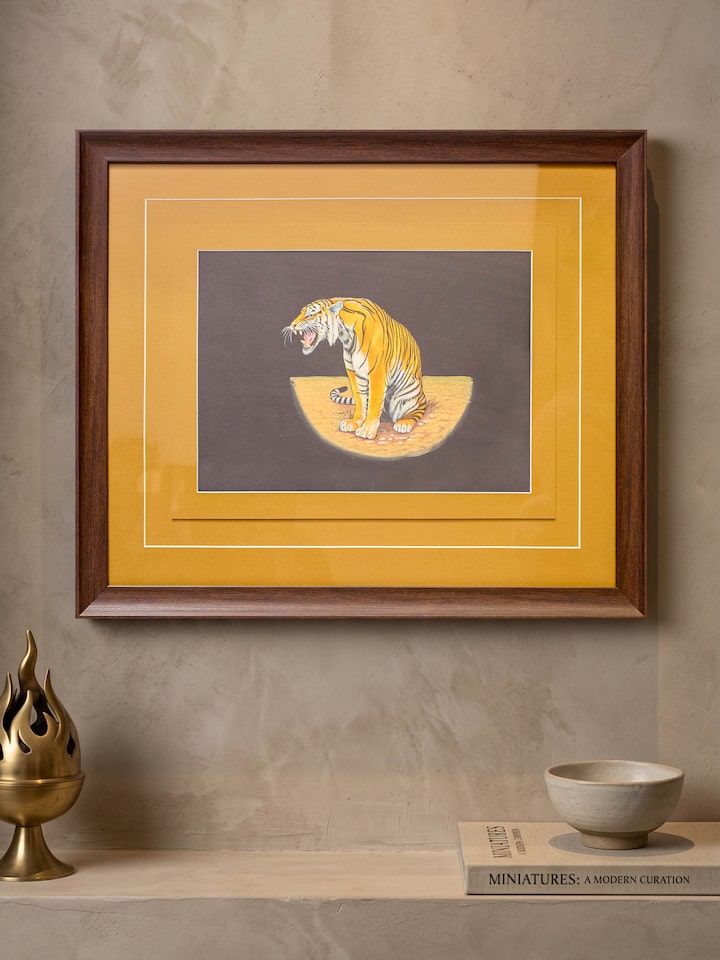 Styled view of Roaring Tiger Miniature Painting displayed against a styled backdrop