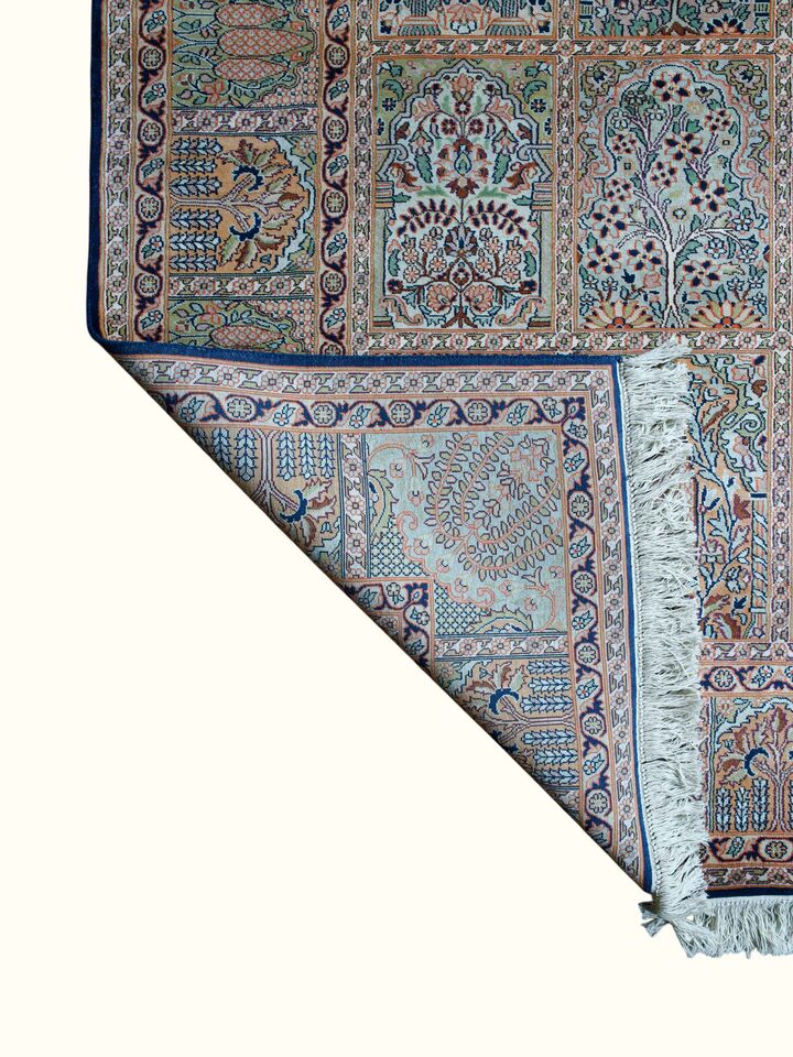 Side-angle view of the Traditional Persian Rust Hamadan Kashmir Silk Hand-Knotted Carpet