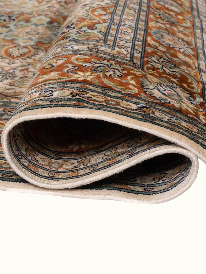 Traditional Persian Ivory Kashan Kashmir Silk Hand-Knotted Carpet