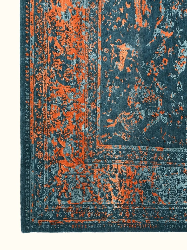 Detail view of Transitional Persian Blue Shikargah Bhadohi Wool & Bamboo Silk Hand Knotted Rug highlighting the intricate pattern and pile texture