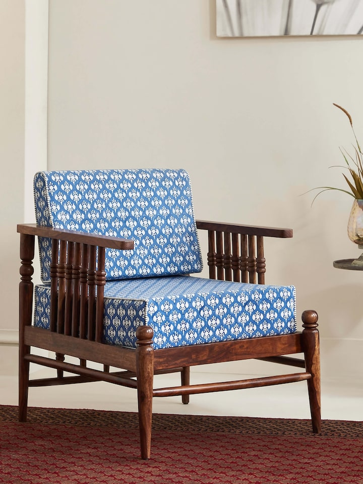 Side view of Upholstered Sheesham Wood Sanganeri Block Print Lounge Chair showcasing its ergonomic design and traditional print.
