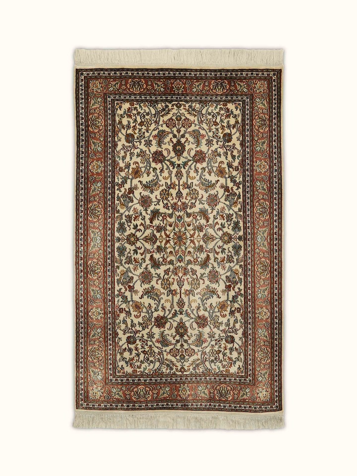 Traditional Persian Ivory Tabriz Kashmir Silk Hand-knotted Rug