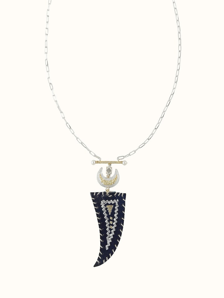 Kutch Leather Silver Long Necklace