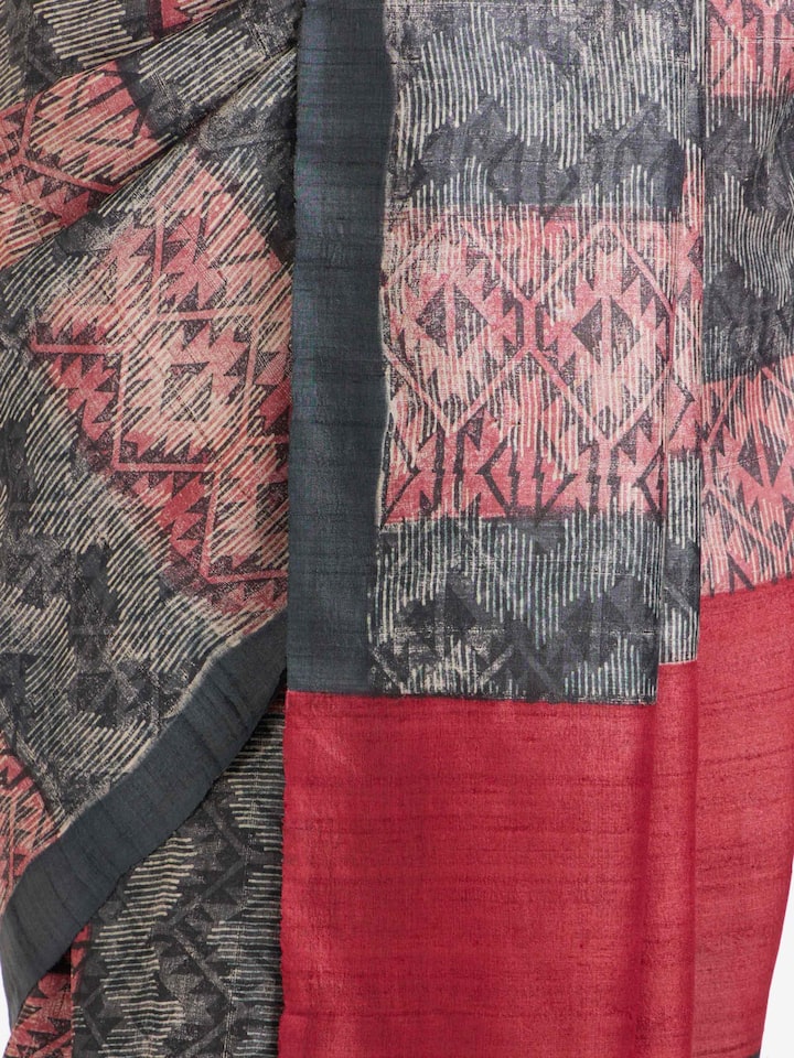 Detailed view of Black Tussar Silk Discharge Block Printed Saree focusing on the fine craftsmanship and texture