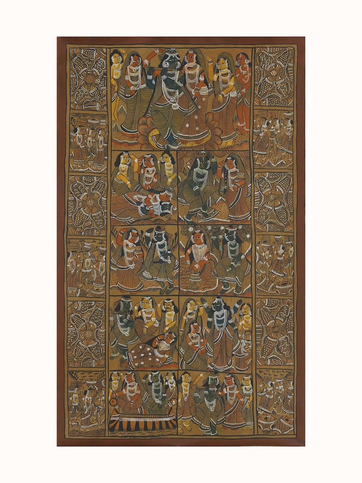 Krishna story Kalighat painting in traditional Indian folk art style – front view