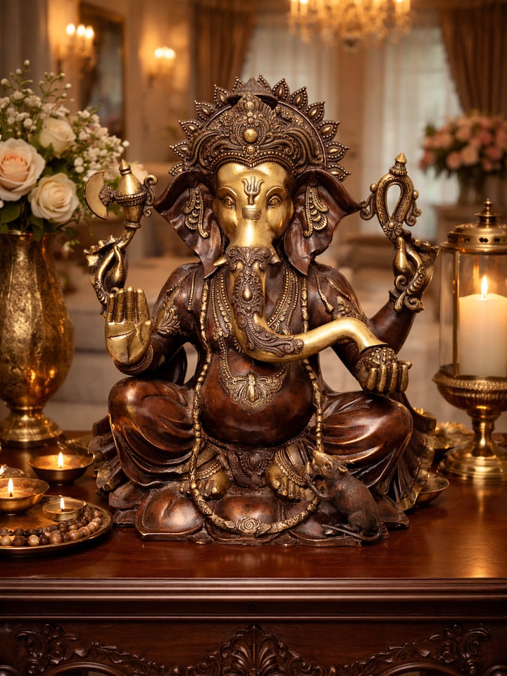 Front view of the Brass Ganesha Sitting Lotus Idol